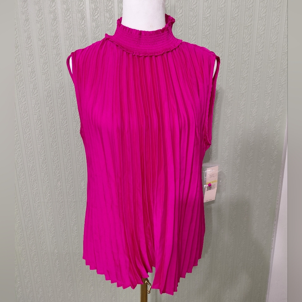 Nwt!! NANETTE LEPOREWomens Fuchsia Pleated Mock Neck Sleeveless Top Medium